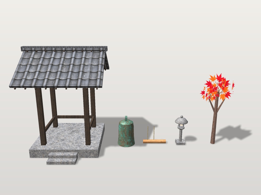 【VRChat想定】山寺の鐘楼と梵鐘|四本柱の鐘楼・梵鐘・撞木・石灯籠・紅葉【unitypackage / FBX・OBJ】