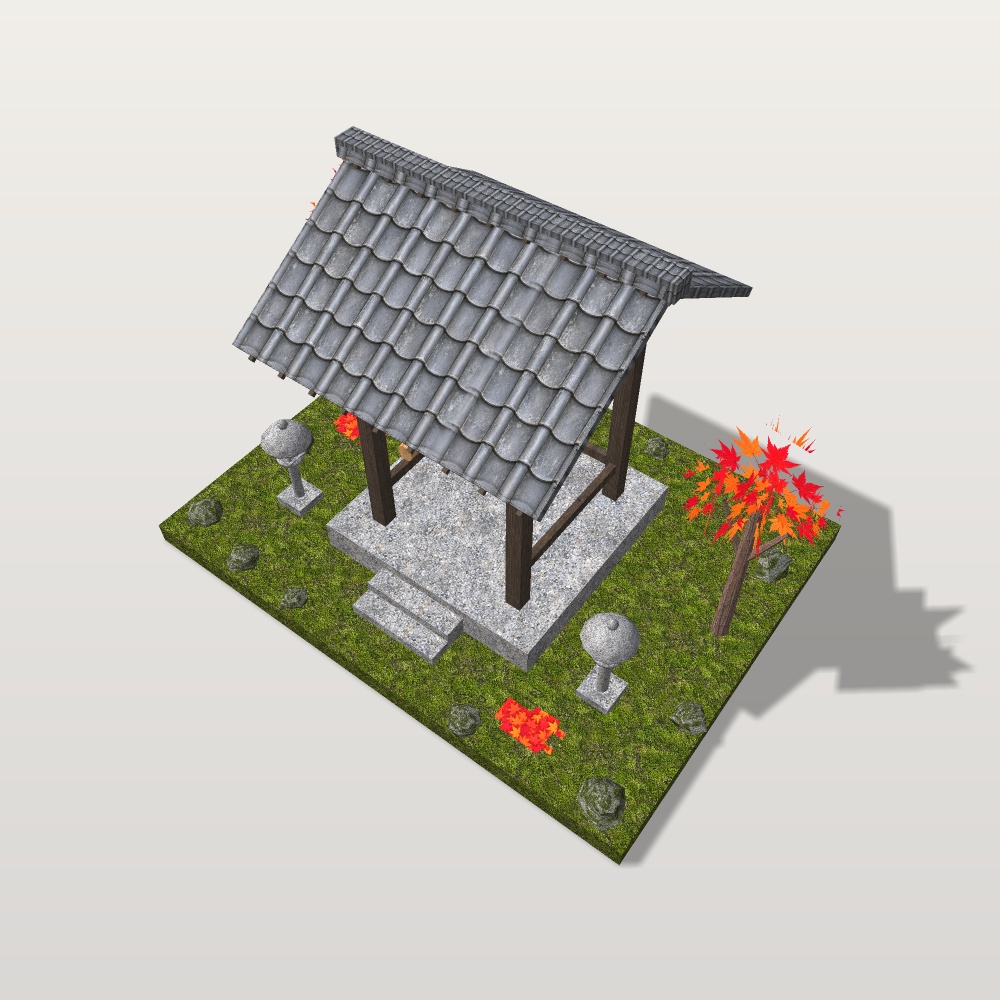 【VRChat想定】山寺の鐘楼と梵鐘|四本柱の鐘楼・梵鐘・撞木・石灯籠・紅葉【unitypackage / FBX・OBJ】