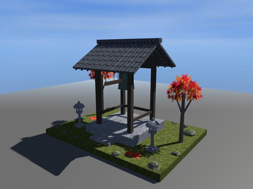 【VRChat想定】山寺の鐘楼と梵鐘|四本柱の鐘楼・梵鐘・撞木・石灯籠・紅葉【unitypackage / FBX・OBJ】