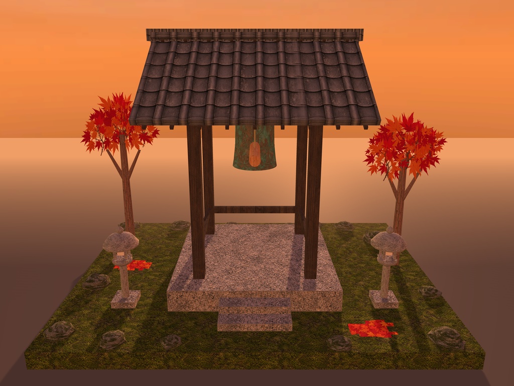【VRChat想定】山寺の鐘楼と梵鐘｜四本柱の鐘楼・梵鐘・撞木・石灯籠・紅葉【unitypackage / FBX・OBJ】