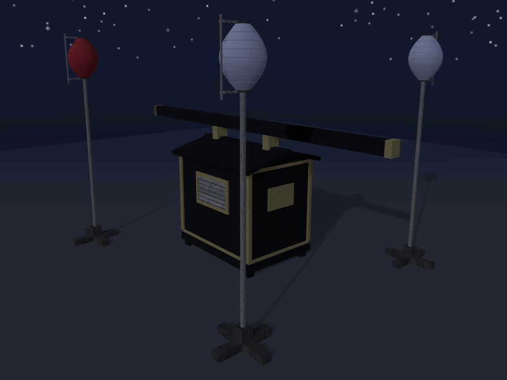【VRChat想定】狐の嫁入りの花嫁駕籠と弓張提灯|黒漆と金の駕籠・行列の提灯4本【unitypackage / FBX・OBJ】