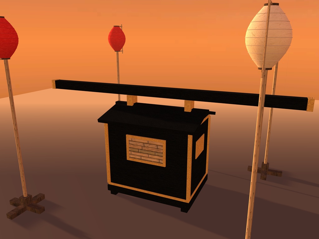【VRChat想定】狐の嫁入りの花嫁駕籠と弓張提灯|黒漆と金の駕籠・行列の提灯4本【unitypackage / FBX・OBJ】