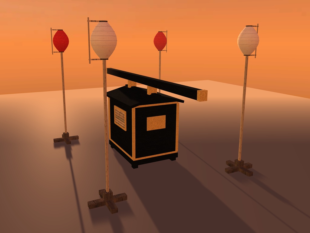 【VRChat想定】狐の嫁入りの花嫁駕籠と弓張提灯｜黒漆と金の駕籠・行列の提灯4本【unitypackage / FBX・OBJ】