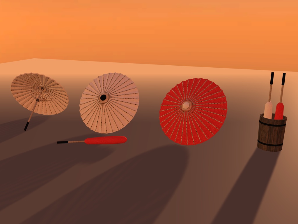 【無料】【VRChat想定】番傘と唐傘｜開いた傘3・閉じた傘3・傘立て【unitypackage / FBX・OBJ】