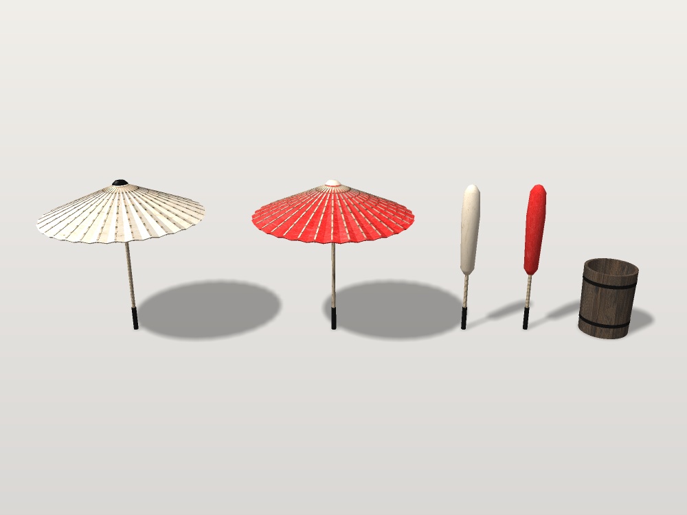 【無料】【VRChat想定】番傘と唐傘|開いた傘3・閉じた傘3・傘立て【unitypackage / FBX・OBJ】