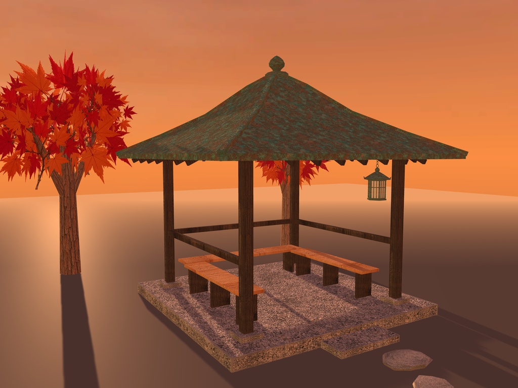 【VRChat想定】紅葉の東屋|緑青の銅板葺き宝形屋根・腰掛け3・吊り灯籠・紅葉2本・飛び石|日本庭園の休み処【unitypackage / FBX・OBJ】