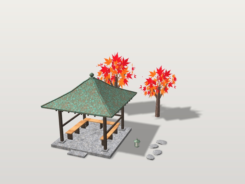 【VRChat想定】紅葉の東屋|緑青の銅板葺き宝形屋根・腰掛け3・吊り灯籠・紅葉2本・飛び石|日本庭園の休み処【unitypackage / FBX・OBJ】