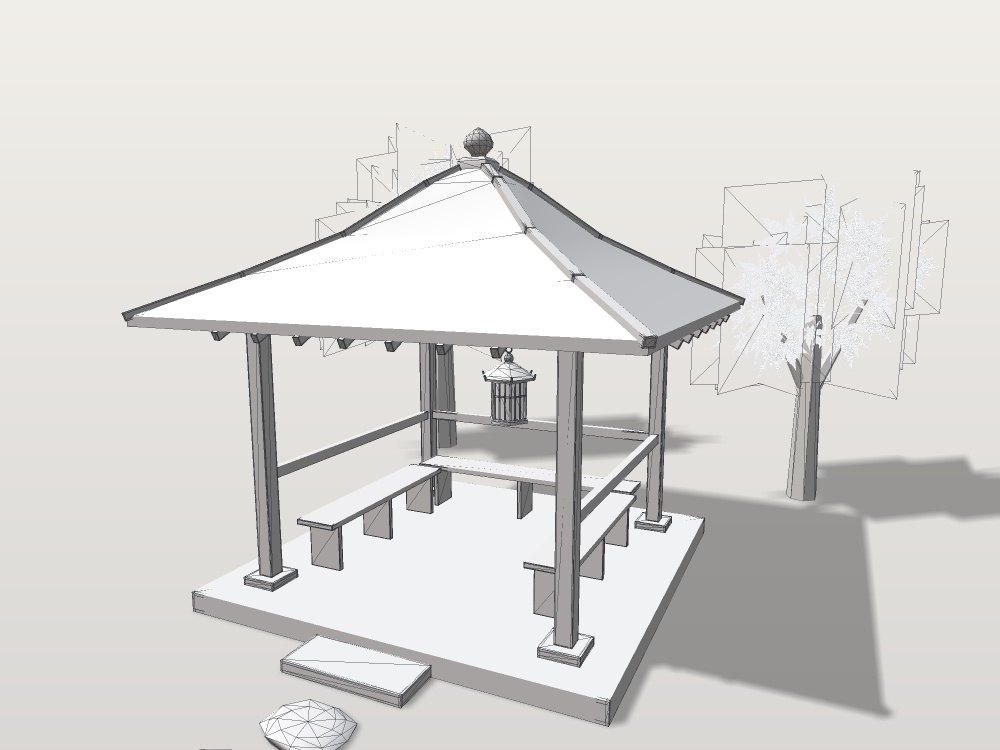 【VRChat想定】紅葉の東屋|緑青の銅板葺き宝形屋根・腰掛け3・吊り灯籠・紅葉2本・飛び石|日本庭園の休み処【unitypackage / FBX・OBJ】