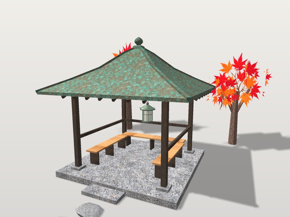 【VRChat想定】紅葉の東屋|緑青の銅板葺き宝形屋根・腰掛け3・吊り灯籠・紅葉2本・飛び石|日本庭園の休み処【unitypackage / FBX・OBJ】