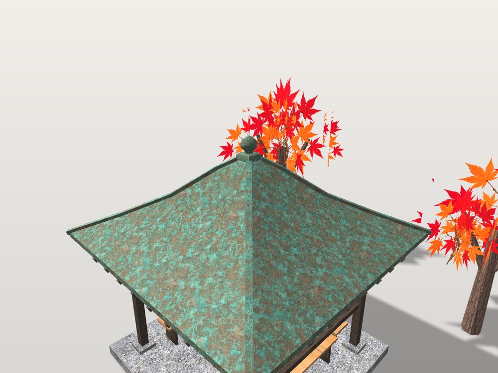 【VRChat想定】紅葉の東屋|緑青の銅板葺き宝形屋根・腰掛け3・吊り灯籠・紅葉2本・飛び石|日本庭園の休み処【unitypackage / FBX・OBJ】
