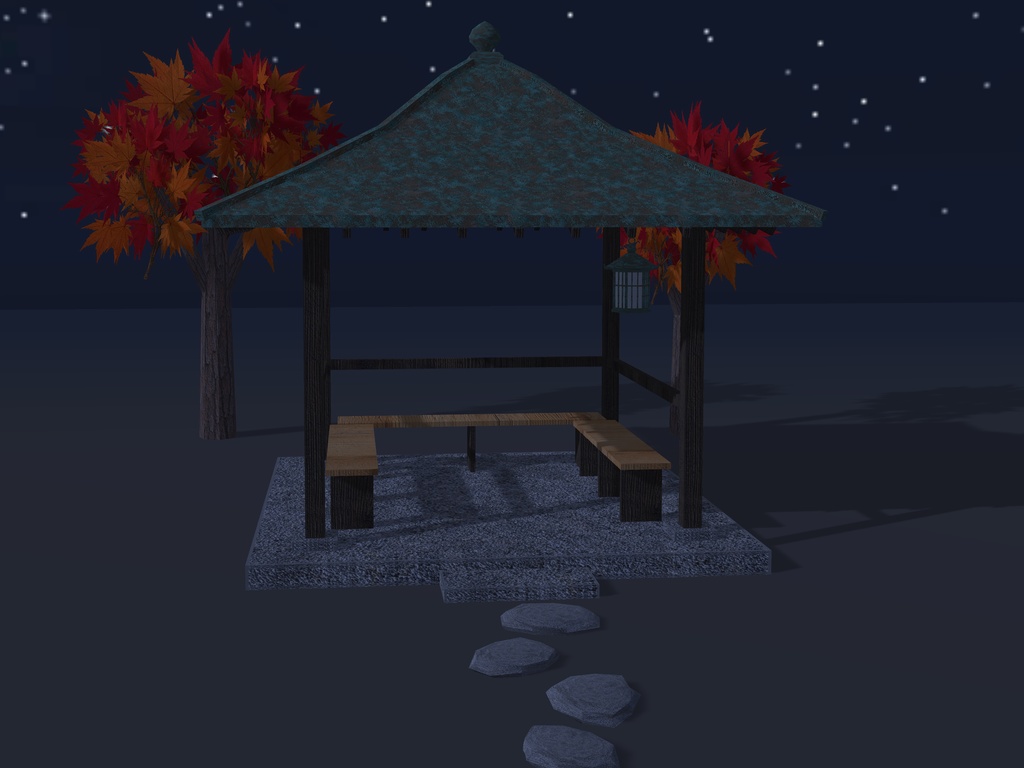 【VRChat想定】紅葉の東屋|緑青の銅板葺き宝形屋根・腰掛け3・吊り灯籠・紅葉2本・飛び石|日本庭園の休み処【unitypackage / FBX・OBJ】