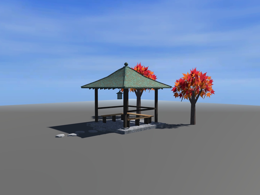 【VRChat想定】紅葉の東屋|緑青の銅板葺き宝形屋根・腰掛け3・吊り灯籠・紅葉2本・飛び石|日本庭園の休み処【unitypackage / FBX・OBJ】