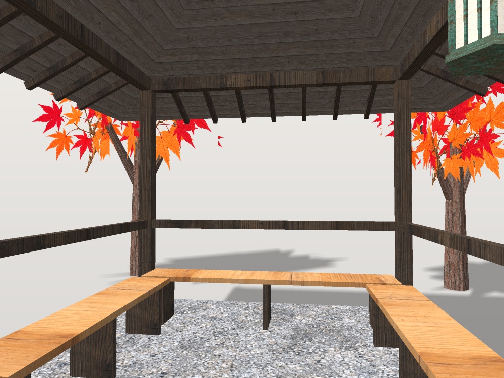 【VRChat想定】紅葉の東屋|緑青の銅板葺き宝形屋根・腰掛け3・吊り灯籠・紅葉2本・飛び石|日本庭園の休み処【unitypackage / FBX・OBJ】