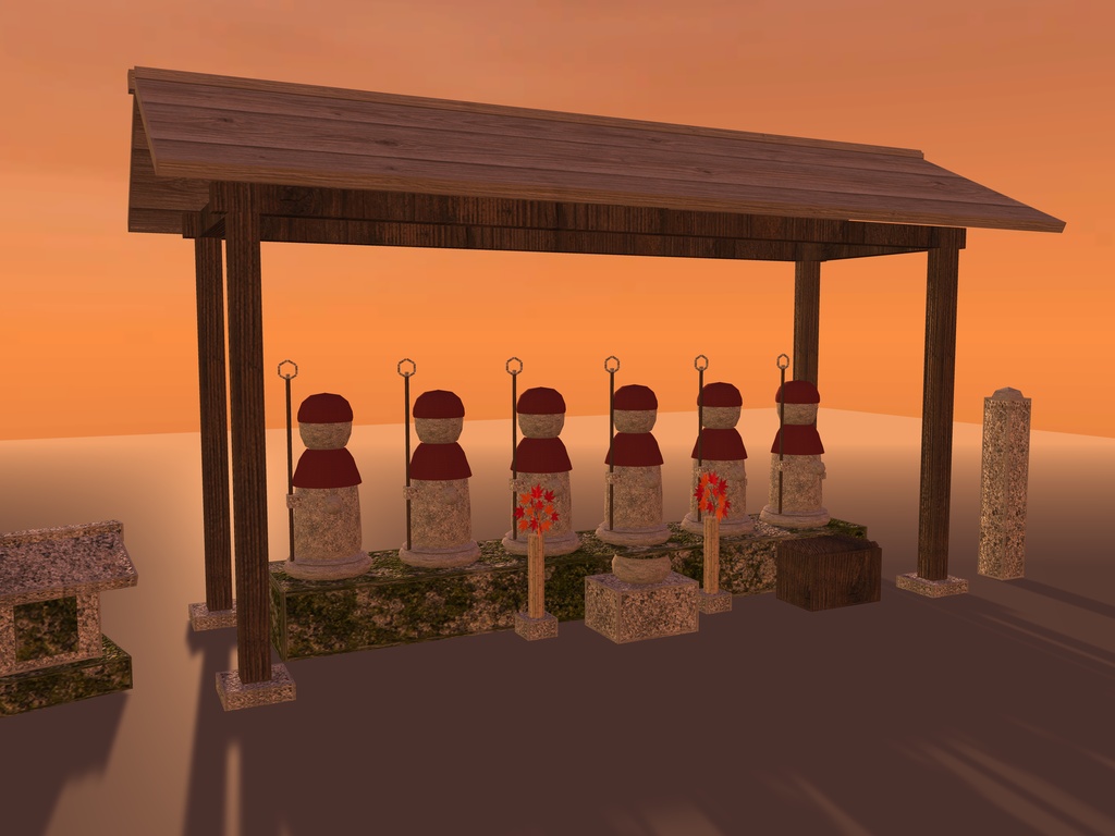 【VRChat想定】辻の六地蔵|赤い頭巾と前掛けの石の地蔵6体・板葺きの覆屋・香炉と花立て・石祠・道標|夜道・和風ハロウィン【unitypackage / FBX・OBJ】