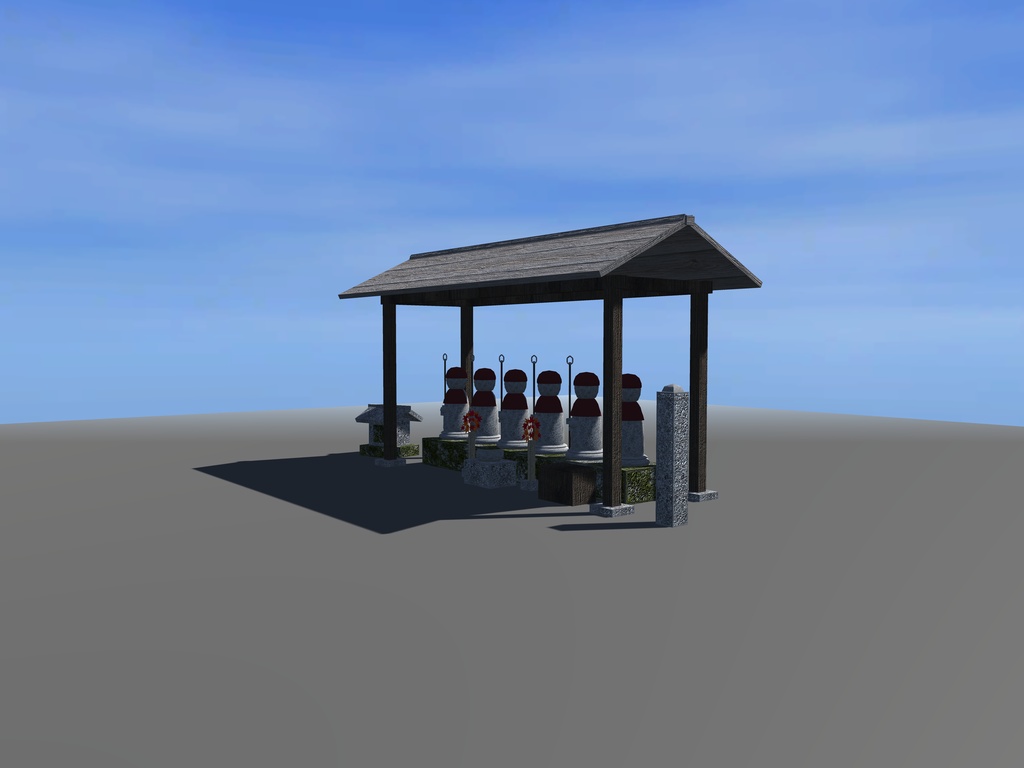 【VRChat想定】辻の六地蔵|赤い頭巾と前掛けの石の地蔵6体・板葺きの覆屋・香炉と花立て・石祠・道標|夜道・和風ハロウィン【unitypackage / FBX・OBJ】