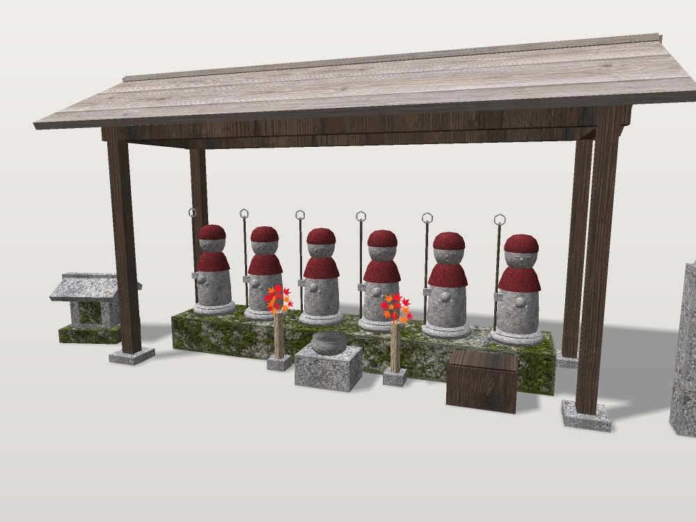【VRChat想定】辻の六地蔵|赤い頭巾と前掛けの石の地蔵6体・板葺きの覆屋・香炉と花立て・石祠・道標|夜道・和風ハロウィン【unitypackage / FBX・OBJ】