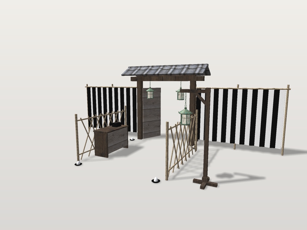 【VRChat想定】お化け屋敷の木戸と受付|瓦屋根の木戸門・鯨幕2張・竹矢来・受付台・吊り灯籠3・盛り塩|和風ハロウィン・肝試し【unitypackage / FBX・OBJ】