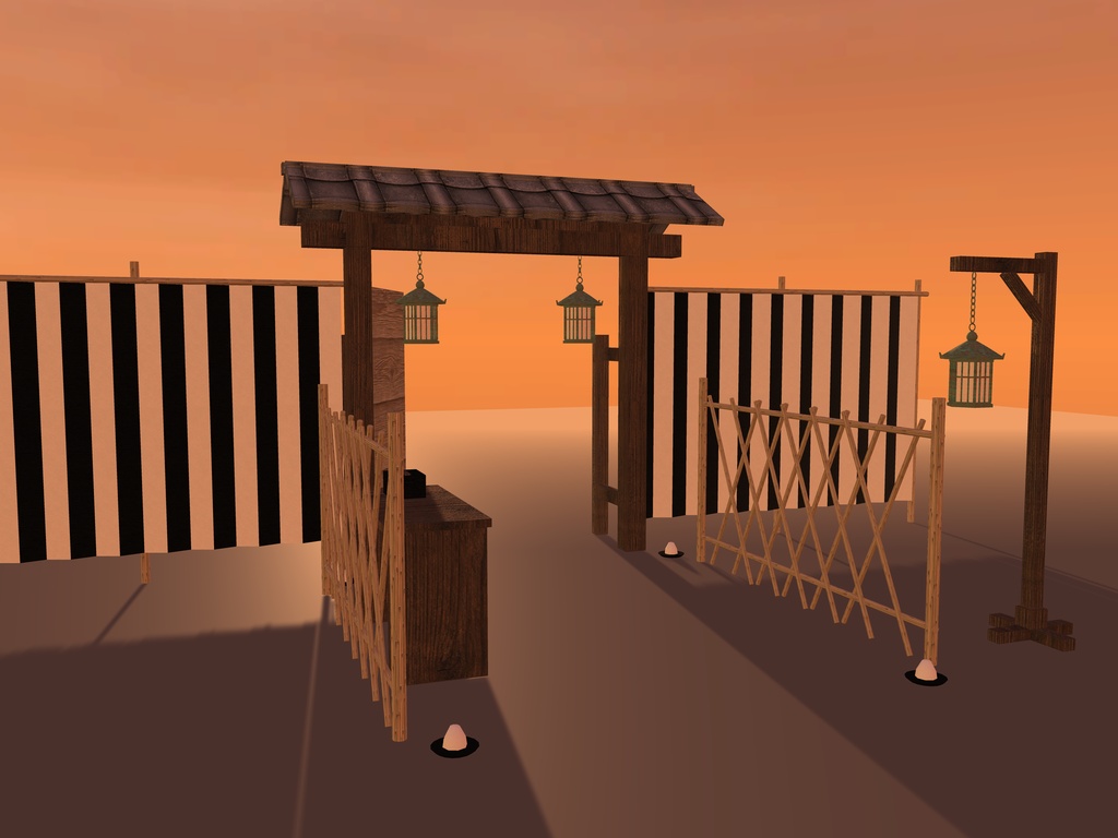 【VRChat想定】お化け屋敷の木戸と受付|瓦屋根の木戸門・鯨幕2張・竹矢来・受付台・吊り灯籠3・盛り塩|和風ハロウィン・肝試し【unitypackage / FBX・OBJ】
