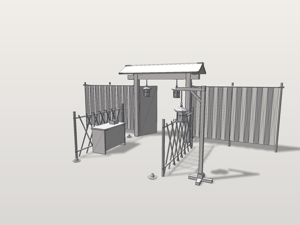 【VRChat想定】お化け屋敷の木戸と受付|瓦屋根の木戸門・鯨幕2張・竹矢来・受付台・吊り灯籠3・盛り塩|和風ハロウィン・肝試し【unitypackage / FBX・OBJ】