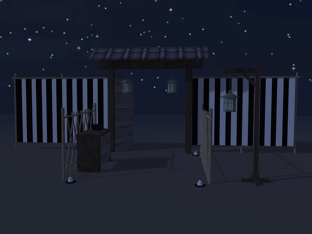 【VRChat想定】お化け屋敷の木戸と受付|瓦屋根の木戸門・鯨幕2張・竹矢来・受付台・吊り灯籠3・盛り塩|和風ハロウィン・肝試し【unitypackage / FBX・OBJ】