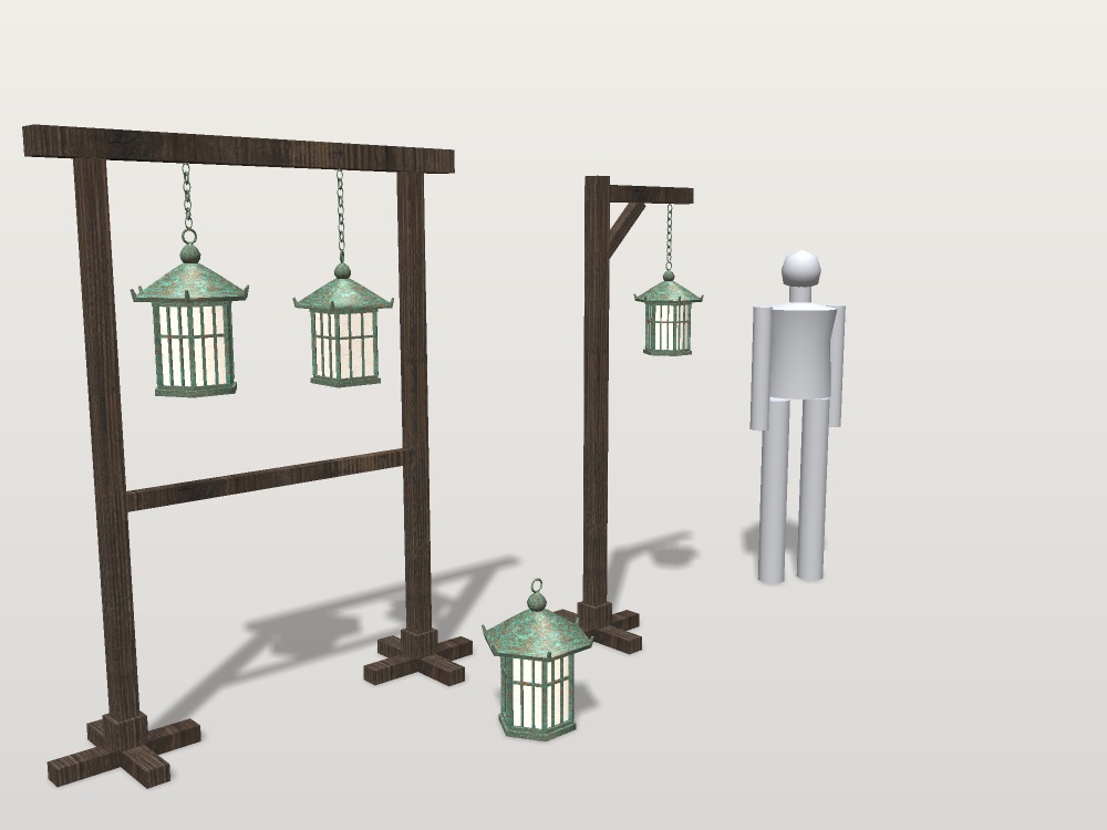 【無料】【VRChat想定】銅の吊り灯籠|緑青の六角・四角の吊り灯籠4基・木の掛け台2|和風の灯り【unitypackage / FBX・OBJ】