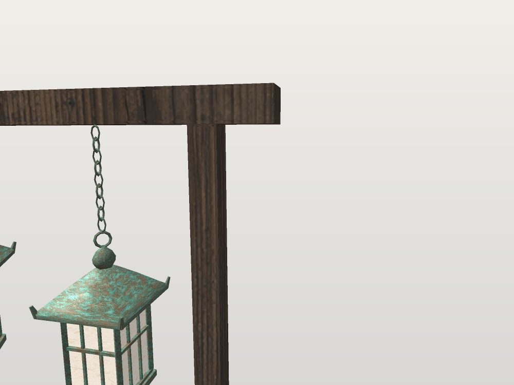 【無料】【VRChat想定】銅の吊り灯籠|緑青の六角・四角の吊り灯籠4基・木の掛け台2|和風の灯り【unitypackage / FBX・OBJ】