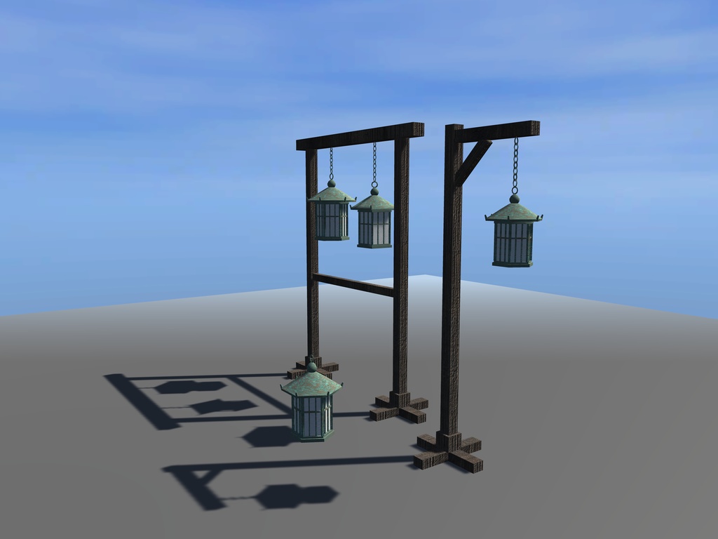 【無料】【VRChat想定】銅の吊り灯籠|緑青の六角・四角の吊り灯籠4基・木の掛け台2|和風の灯り【unitypackage / FBX・OBJ】