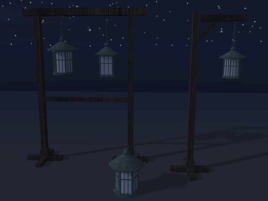 【無料】【VRChat想定】銅の吊り灯籠|緑青の六角・四角の吊り灯籠4基・木の掛け台2|和風の灯り【unitypackage / FBX・OBJ】
