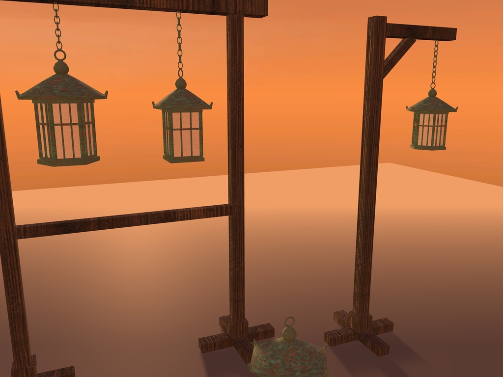 【無料】【VRChat想定】銅の吊り灯籠|緑青の六角・四角の吊り灯籠4基・木の掛け台2|和風の灯り【unitypackage / FBX・OBJ】