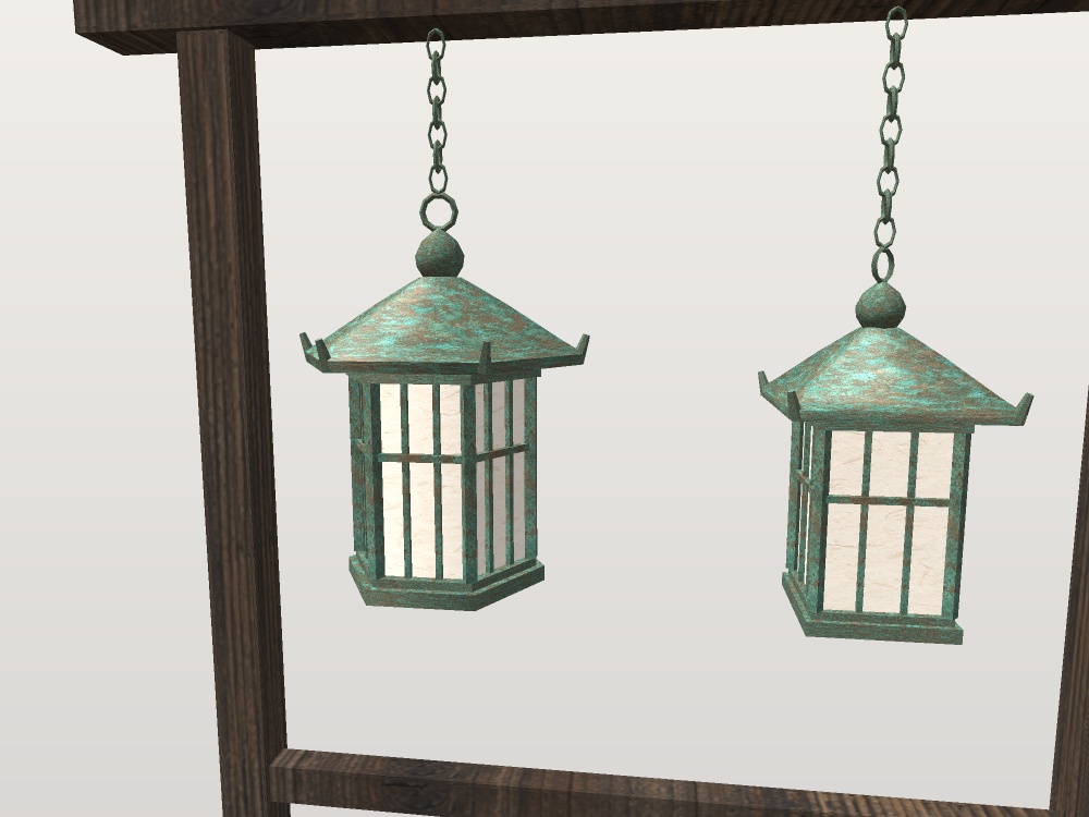 【無料】【VRChat想定】銅の吊り灯籠|緑青の六角・四角の吊り灯籠4基・木の掛け台2|和風の灯り【unitypackage / FBX・OBJ】