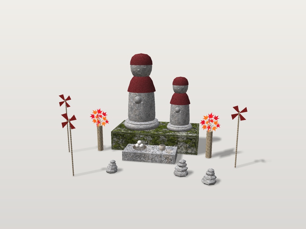 【無料】【VRChat想定】道端のお地蔵さん|赤い頭巾の地蔵2体・団子のお供え・紅葉の花立て・風車3・積み石|夜道・和風ハロウィン【unitypackage / FBX・OBJ】