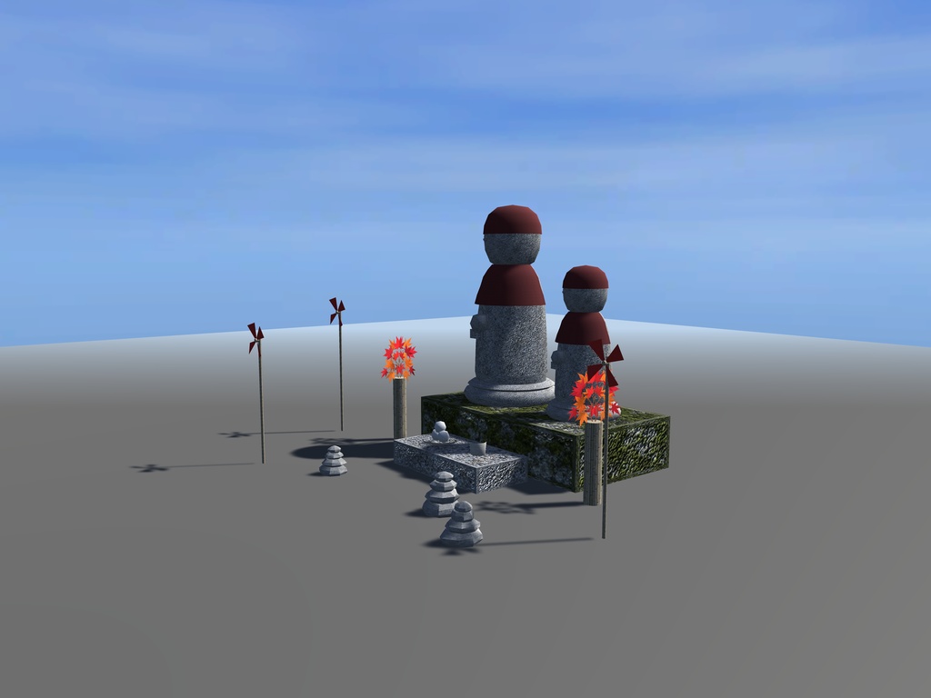 【無料】【VRChat想定】道端のお地蔵さん|赤い頭巾の地蔵2体・団子のお供え・紅葉の花立て・風車3・積み石|夜道・和風ハロウィン【unitypackage / FBX・OBJ】