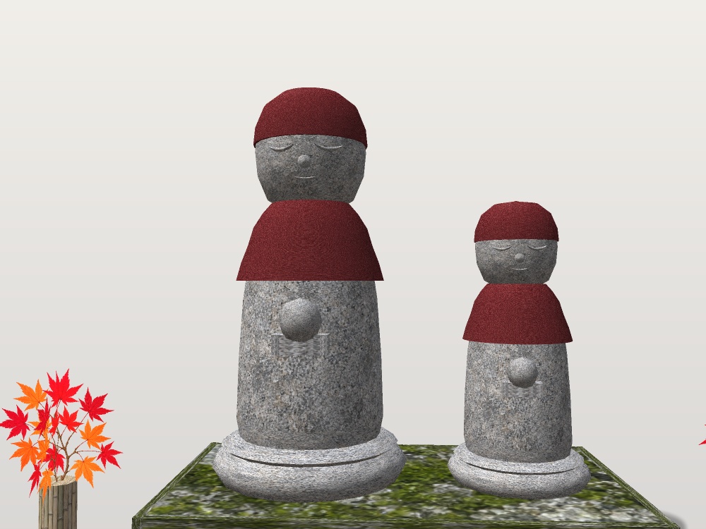 【無料】【VRChat想定】道端のお地蔵さん|赤い頭巾の地蔵2体・団子のお供え・紅葉の花立て・風車3・積み石|夜道・和風ハロウィン【unitypackage / FBX・OBJ】