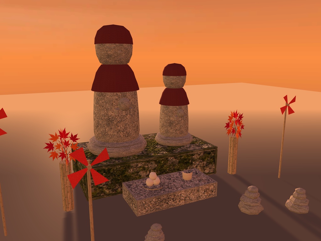 【無料】【VRChat想定】道端のお地蔵さん|赤い頭巾の地蔵2体・団子のお供え・紅葉の花立て・風車3・積み石|夜道・和風ハロウィン【unitypackage / FBX・OBJ】
