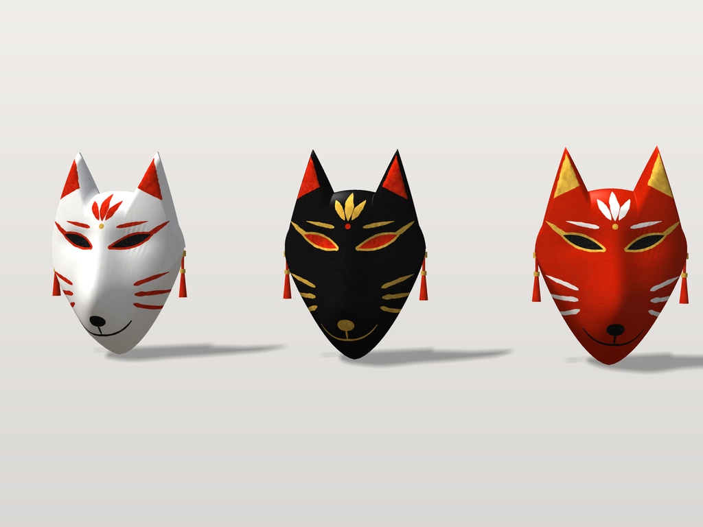 【VRChat想定】狐のお面 三色(白・黒・朱)|Head 装飾品・顔用と斜め掛け|和風・祭り・縁日【Modular Avatar 設定済みPrefab / unitypackage・FBX】