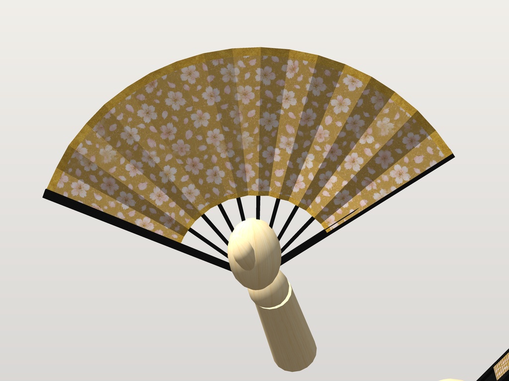 【VRChat想定】舞扇|開いた扇 2柄(金地に桜・藍の青海波)と閉じた扇|手持ちの小道具・右手用と左手用【Modular Avatar 設定済みPrefab / unitypackage・FBX】