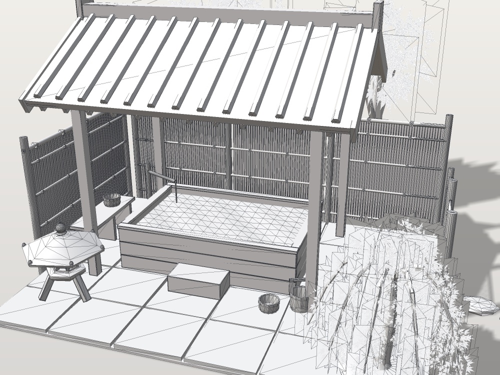 【VRChat想定】紅葉の貸切露天風呂|檜の湯舟・瓦の湯屋根・建仁寺垣と枝折戸・枝垂れ紅葉・雪見灯籠|配置済みの情景セット【unitypackage / FBX・OBJ】