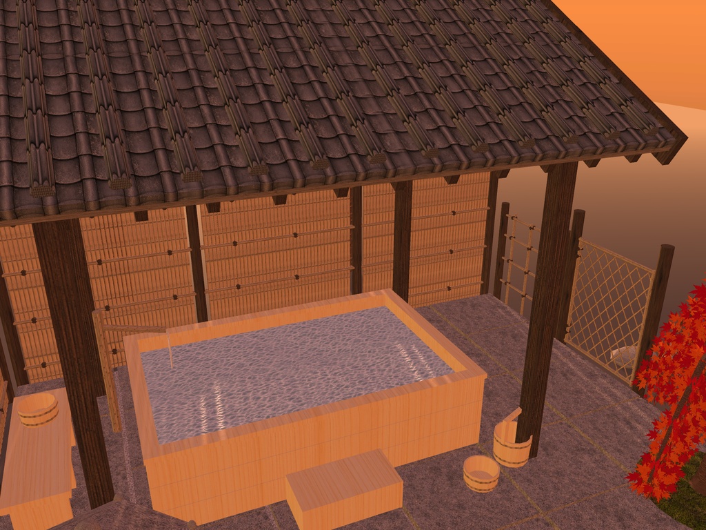 【VRChat想定】紅葉の貸切露天風呂|檜の湯舟・瓦の湯屋根・建仁寺垣と枝折戸・枝垂れ紅葉・雪見灯籠|配置済みの情景セット【unitypackage / FBX・OBJ】