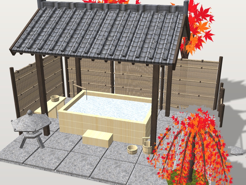 【VRChat想定】紅葉の貸切露天風呂|檜の湯舟・瓦の湯屋根・建仁寺垣と枝折戸・枝垂れ紅葉・雪見灯籠|配置済みの情景セット【unitypackage / FBX・OBJ】