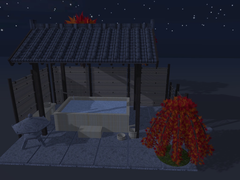 【VRChat想定】紅葉の貸切露天風呂|檜の湯舟・瓦の湯屋根・建仁寺垣と枝折戸・枝垂れ紅葉・雪見灯籠|配置済みの情景セット【unitypackage / FBX・OBJ】