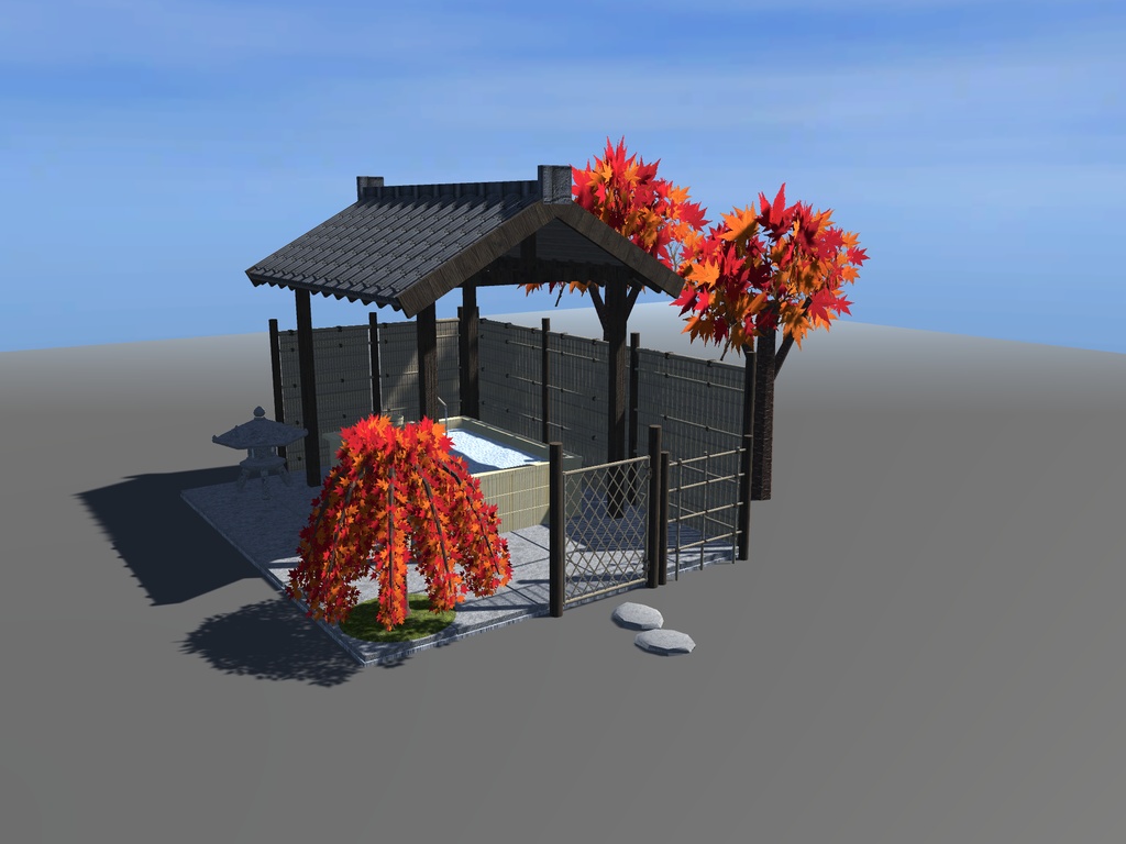 【VRChat想定】紅葉の貸切露天風呂|檜の湯舟・瓦の湯屋根・建仁寺垣と枝折戸・枝垂れ紅葉・雪見灯籠|配置済みの情景セット【unitypackage / FBX・OBJ】