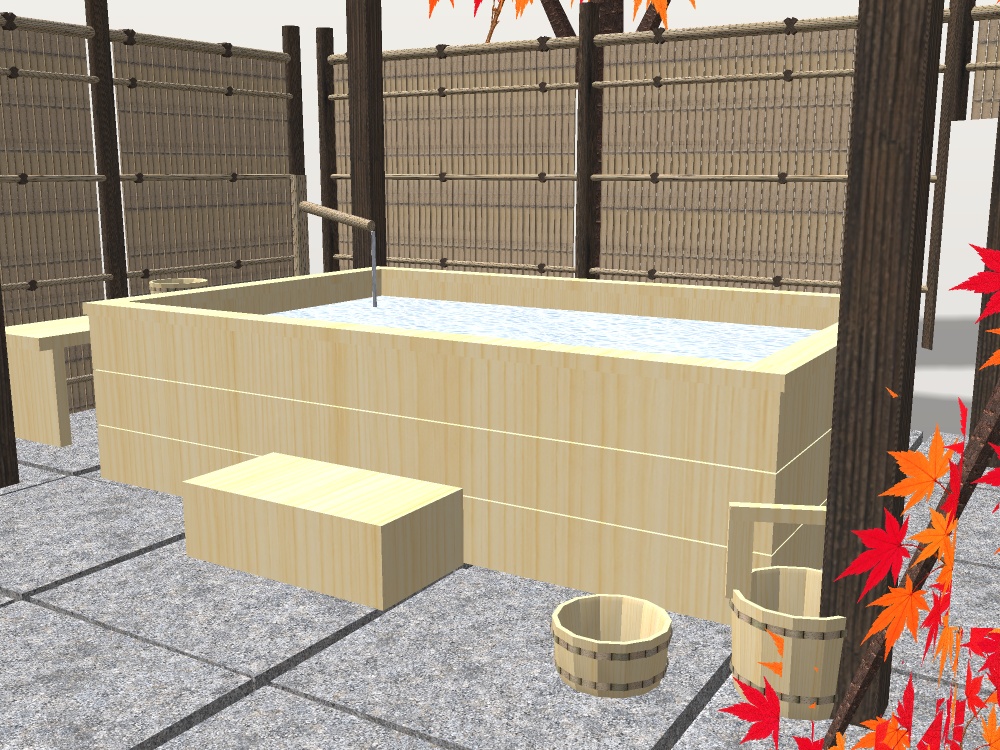 【VRChat想定】紅葉の貸切露天風呂|檜の湯舟・瓦の湯屋根・建仁寺垣と枝折戸・枝垂れ紅葉・雪見灯籠|配置済みの情景セット【unitypackage / FBX・OBJ】