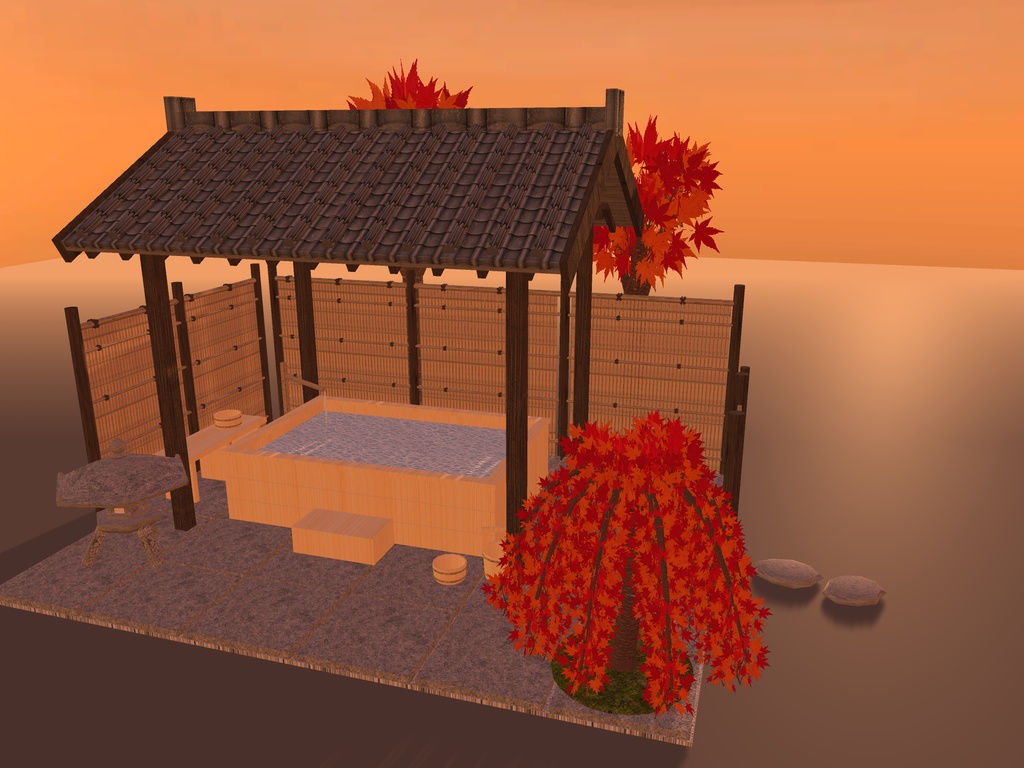 【VRChat想定】紅葉の貸切露天風呂｜檜の湯舟・瓦の湯屋根・建仁寺垣と枝折戸・枝垂れ紅葉・雪見灯籠｜配置済みの情景セット【unitypackage / FBX・OBJ】