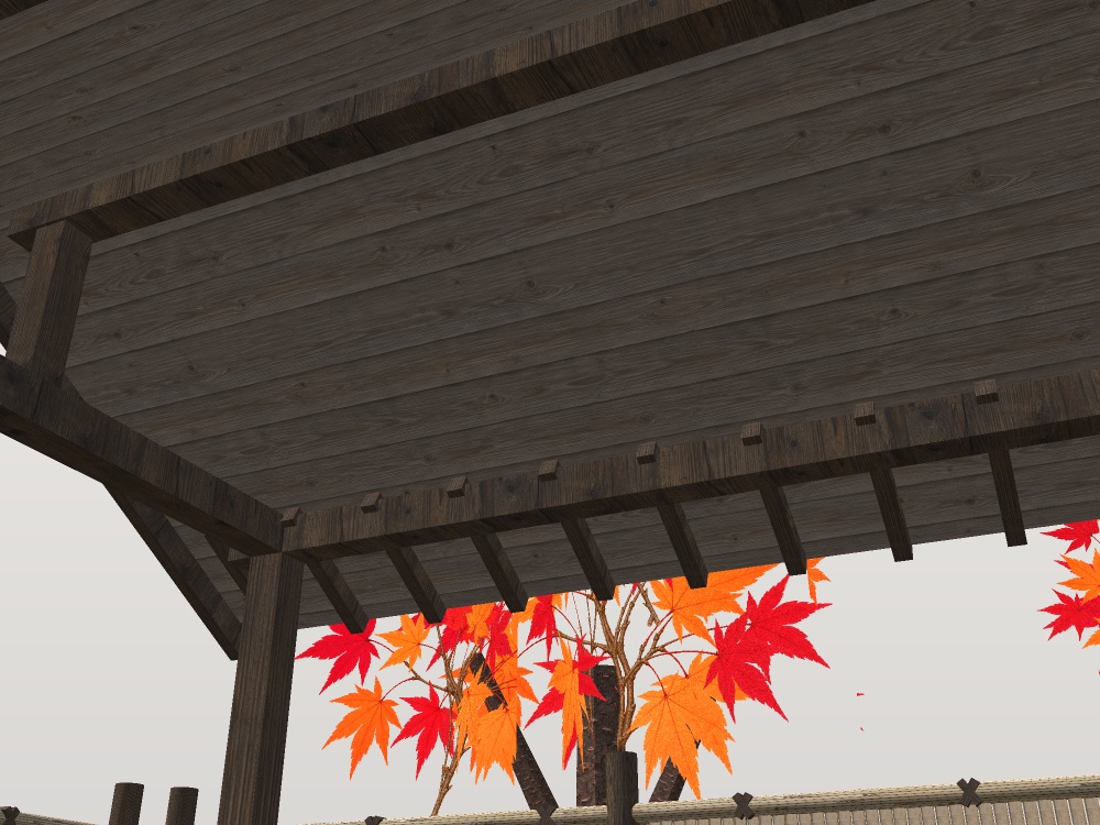 【VRChat想定】紅葉の貸切露天風呂|檜の湯舟・瓦の湯屋根・建仁寺垣と枝折戸・枝垂れ紅葉・雪見灯籠|配置済みの情景セット【unitypackage / FBX・OBJ】