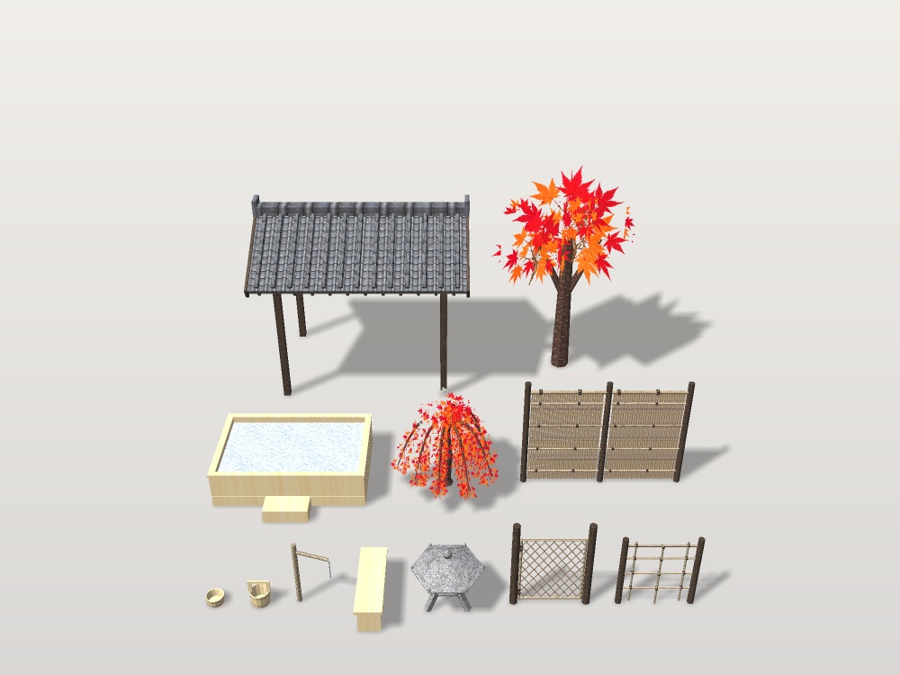 【VRChat想定】紅葉の貸切露天風呂|檜の湯舟・瓦の湯屋根・建仁寺垣と枝折戸・枝垂れ紅葉・雪見灯籠|配置済みの情景セット【unitypackage / FBX・OBJ】