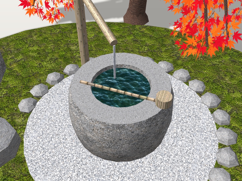 【VRChat想定】枝垂れ紅葉と蹲踞|水をたたえた手水鉢・竹の筧・役石・織部灯籠・竹の袖垣|茶庭の一角【unitypackage / FBX・OBJ】