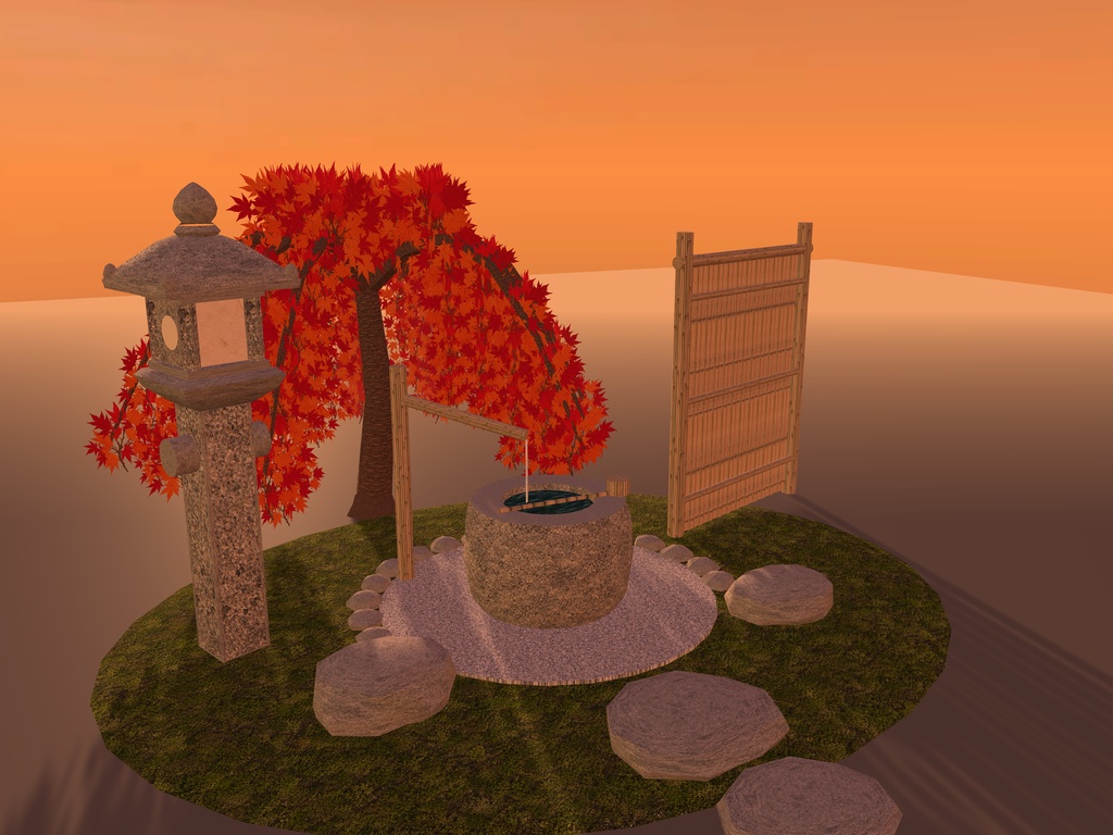 【VRChat想定】枝垂れ紅葉と蹲踞|水をたたえた手水鉢・竹の筧・役石・織部灯籠・竹の袖垣|茶庭の一角【unitypackage / FBX・OBJ】