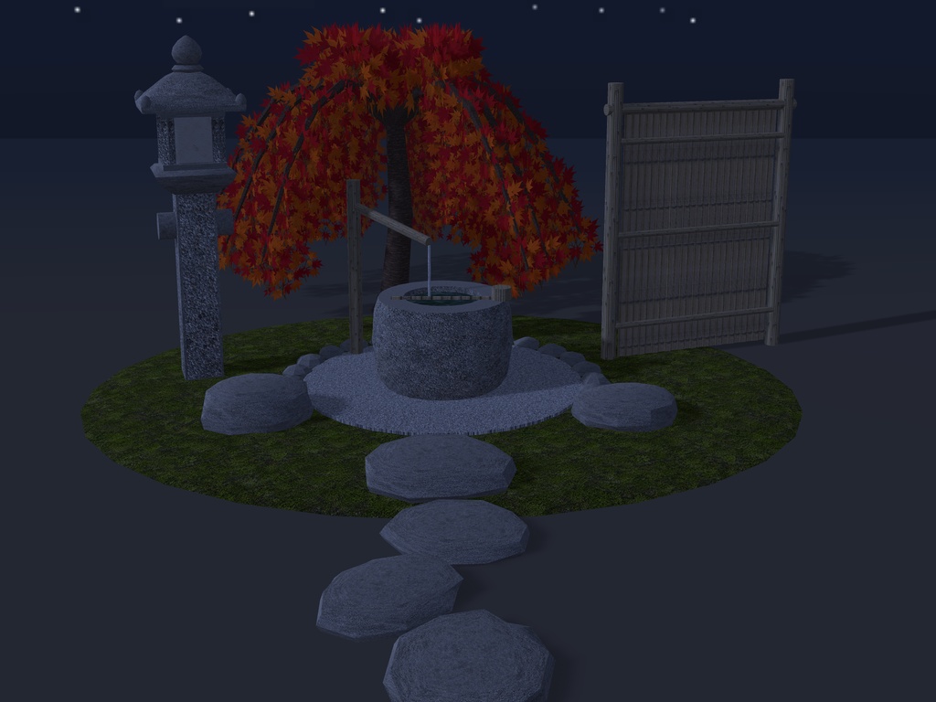【VRChat想定】枝垂れ紅葉と蹲踞|水をたたえた手水鉢・竹の筧・役石・織部灯籠・竹の袖垣|茶庭の一角【unitypackage / FBX・OBJ】
