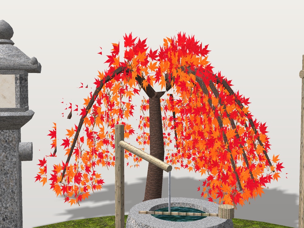 【VRChat想定】枝垂れ紅葉と蹲踞|水をたたえた手水鉢・竹の筧・役石・織部灯籠・竹の袖垣|茶庭の一角【unitypackage / FBX・OBJ】