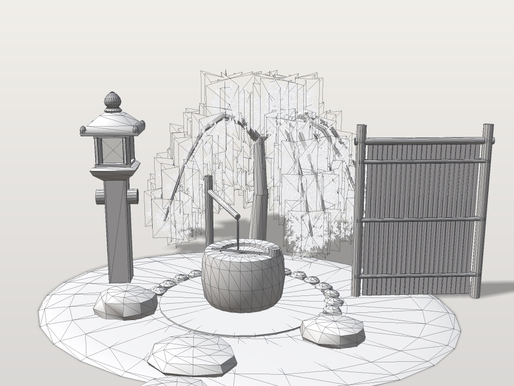 【VRChat想定】枝垂れ紅葉と蹲踞|水をたたえた手水鉢・竹の筧・役石・織部灯籠・竹の袖垣|茶庭の一角【unitypackage / FBX・OBJ】